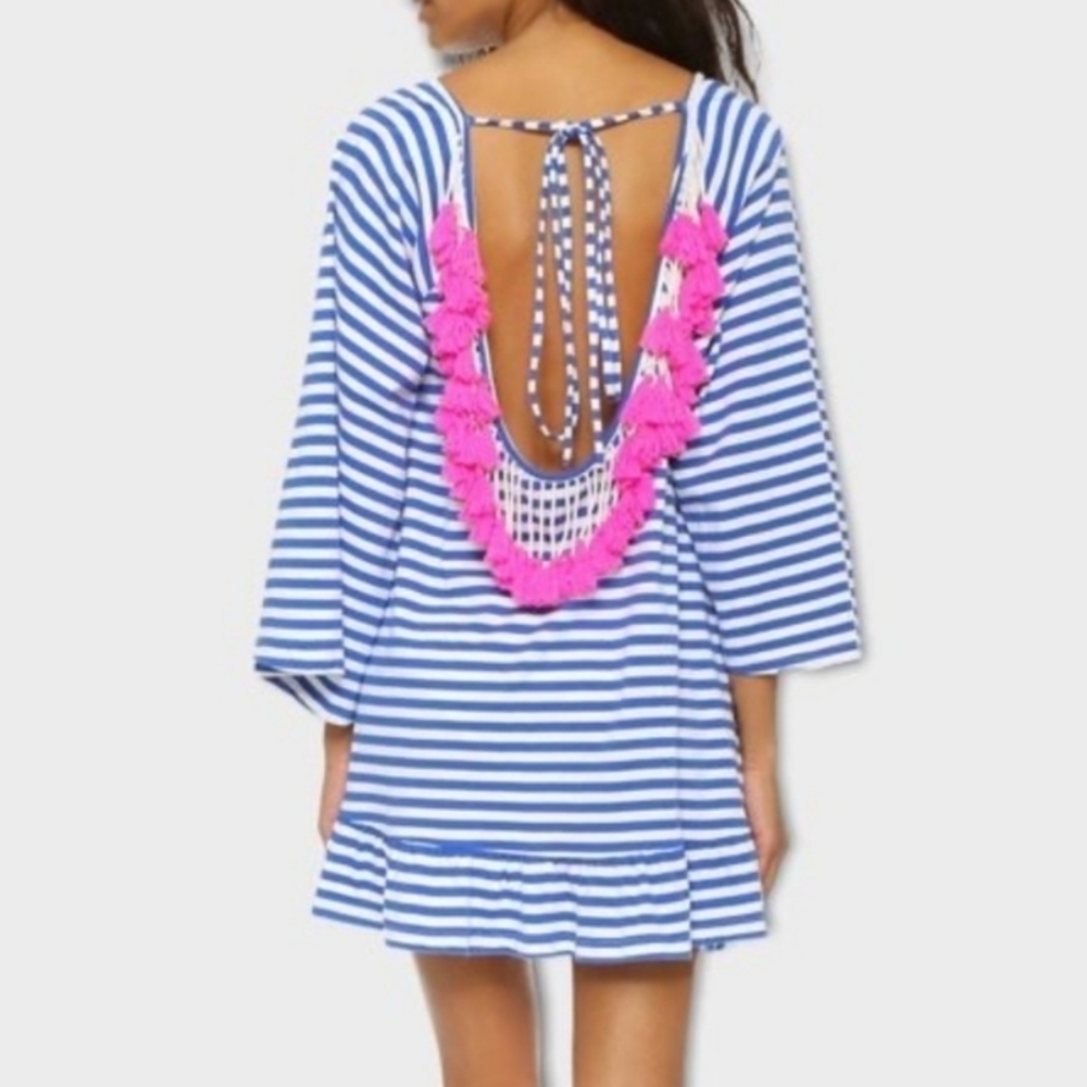 Low back pink tassle striped wide sleeve ruffle bottom dress / coverup Size smal